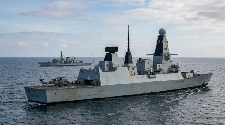 AI-generated photograph-style image of Royal Navy warships conducting maritime operations with a naval helicopter at sea.