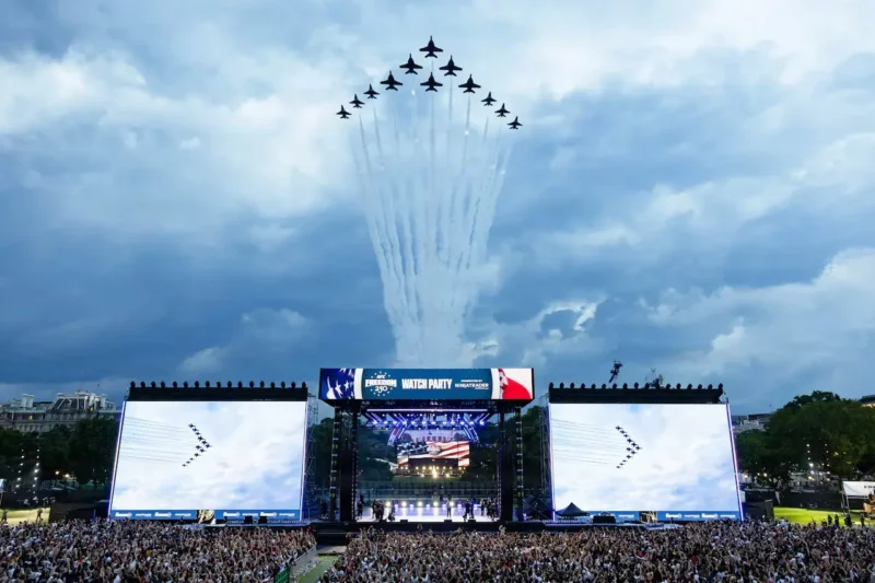 The Blue Angels, the Navy’s flight demonstration squadron, and the Thunderbirds fly in a 12-plane Super Delta formation over the Ellipse in Washington. Photo by Army Sgt. 1st Class Brittany Primavera.