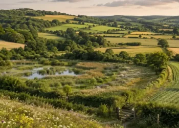 Restored English countryside with wetlands, wildflower meadows, farmland and connected woodland habitats.