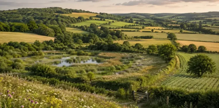 Restored English countryside with wetlands, wildflower meadows, farmland and connected woodland habitats.