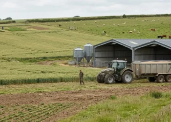 AI-generated photograph-style image of a British farm with crops, livestock, agricultural buildings and a tractor.