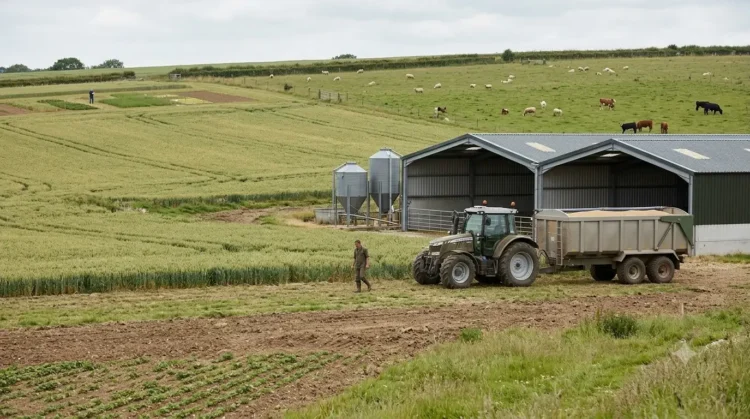 AI-generated photograph-style image of a British farm with crops, livestock, agricultural buildings and a tractor.