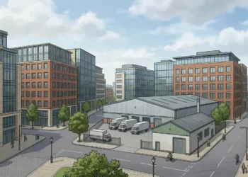 AI-generated illustration of a UK commercial district with offices, warehouses and logistics vehicles.