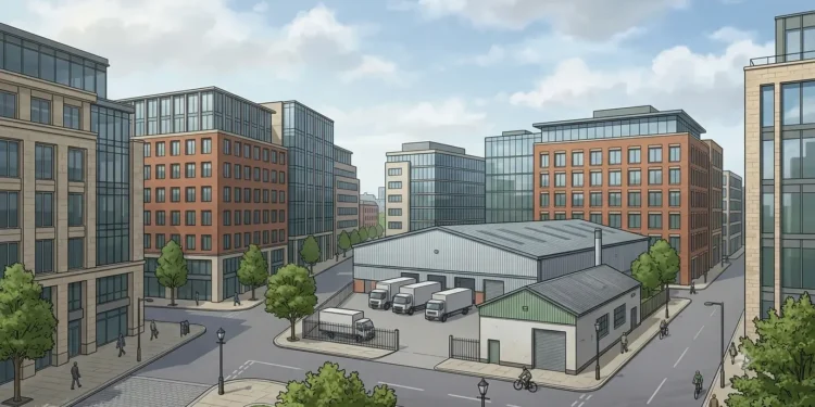 AI-generated illustration of a UK commercial district with offices, warehouses and logistics vehicles.