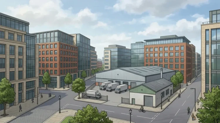 AI-generated illustration of a UK commercial district with offices, warehouses and logistics vehicles.