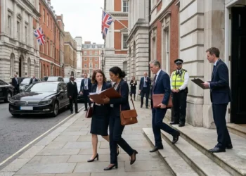 AI-generated photograph-style image of UK ministers and officials arriving for a Cabinet meeting in Whitehall.