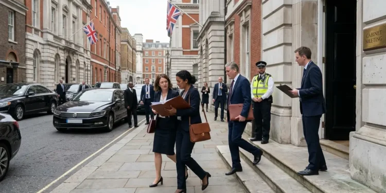 AI-generated photograph-style image of UK ministers and officials arriving for a Cabinet meeting in Whitehall.