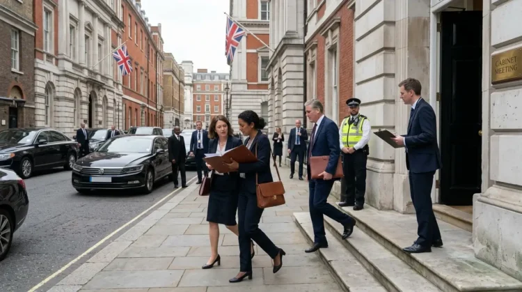 AI-generated photograph-style image of UK ministers and officials arriving for a Cabinet meeting in Whitehall.