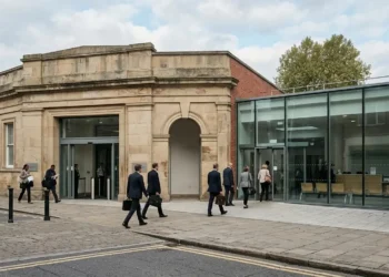 AI-generated photograph-style image of people entering a modern UK courts and tribunals building.