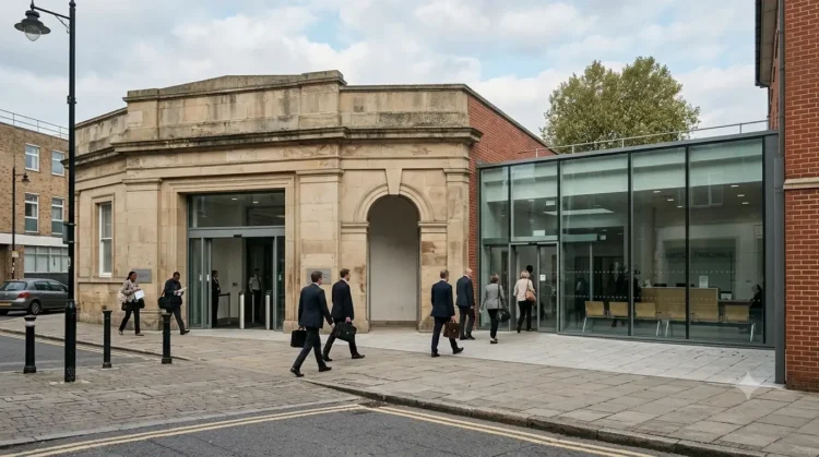 AI-generated photograph-style image of people entering a modern UK courts and tribunals building.