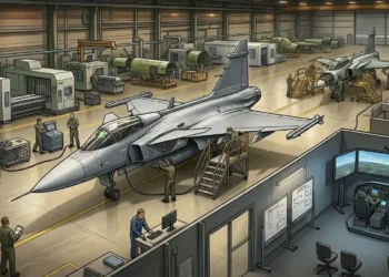 AI-generated illustration of combat aircraft undergoing assembly, maintenance and testing inside a defence manufacturing facility.
