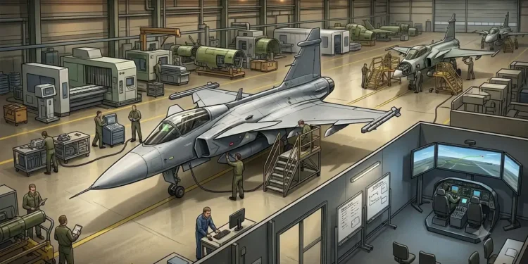 AI-generated illustration of combat aircraft undergoing assembly, maintenance and testing inside a defence manufacturing facility.