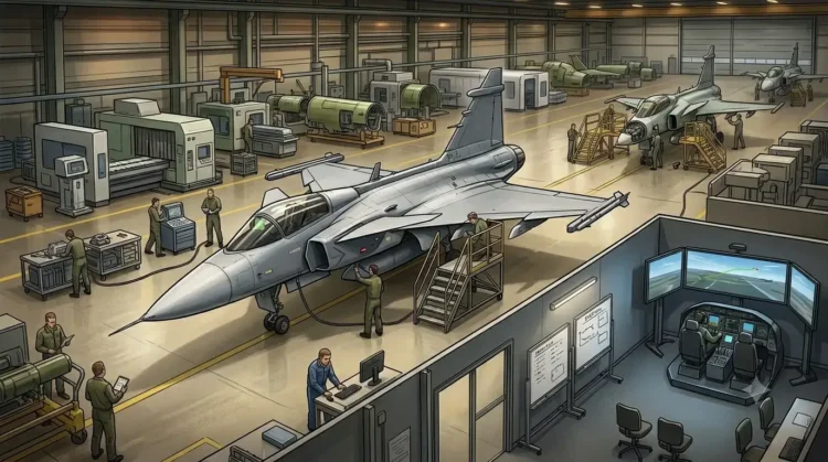 AI-generated illustration of combat aircraft undergoing assembly, maintenance and testing inside a defence manufacturing facility.