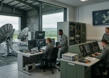 AI-generated photograph-style image of UK defence personnel operating satellite communications, cyber systems and secure digital infrastructure.
