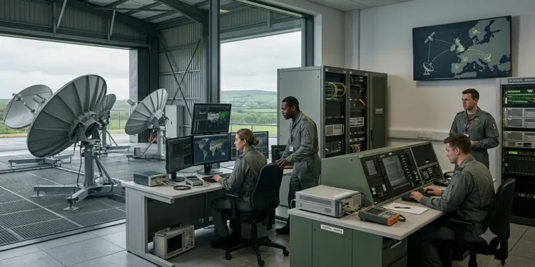 AI-generated photograph-style image of UK defence personnel operating satellite communications, cyber systems and secure digital infrastructure.