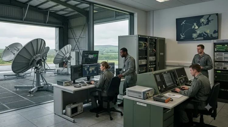 AI-generated photograph-style image of UK defence personnel operating satellite communications, cyber systems and secure digital infrastructure.