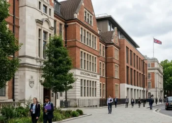 AI-generated illustration of a UK education department building with students and staff outside.