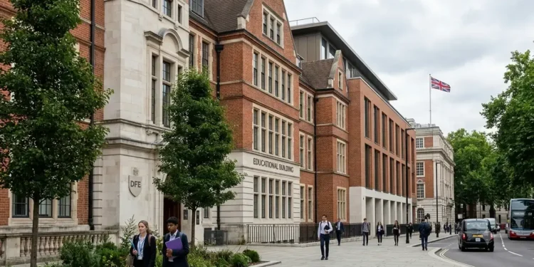 AI-generated illustration of a UK education department building with students and staff outside.