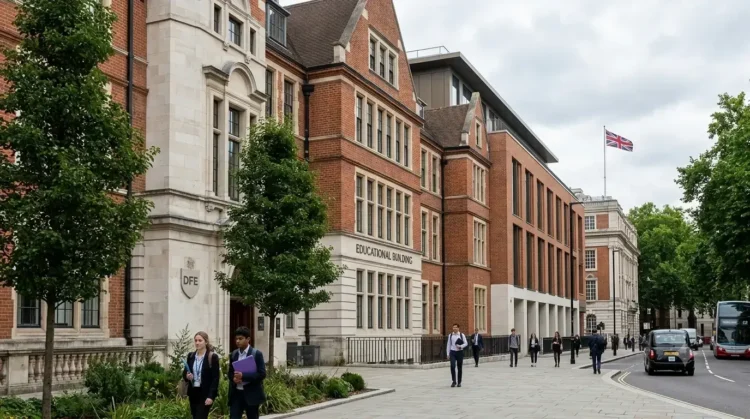 AI-generated illustration of a UK education department building with students and staff outside.