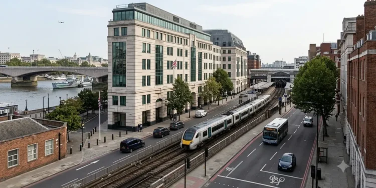 AI-generated illustration of a London transport corridor with rail, road, bus, cycling and river connections.