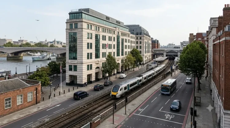 AI-generated illustration of a London transport corridor with rail, road, bus, cycling and river connections.