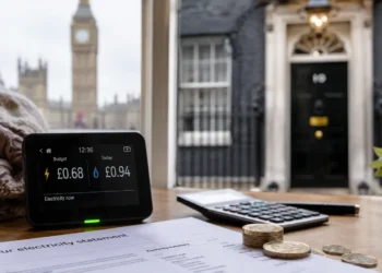 AI-generated photograph-style image of a household electricity statement, smart meter and coins with Downing Street in the background.