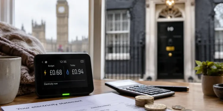 AI-generated photograph-style image of a household electricity statement, smart meter and coins with Downing Street in the background.