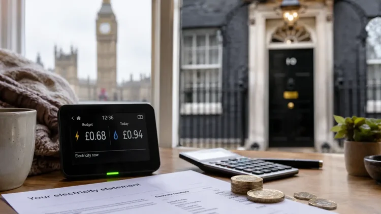 AI-generated photograph-style image of a household electricity statement, smart meter and coins with Downing Street in the background.