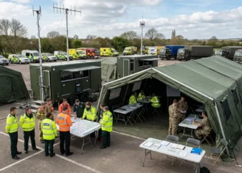 AI-generated photograph-style image of UK emergency services, military personnel and support teams coordinating from a temporary command centre.