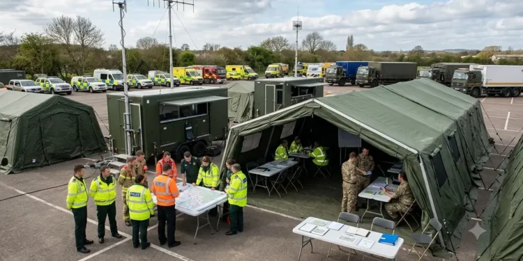 AI-generated photograph-style image of UK emergency services, military personnel and support teams coordinating from a temporary command centre.