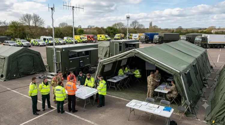 AI-generated photograph-style image of UK emergency services, military personnel and support teams coordinating from a temporary command centre.