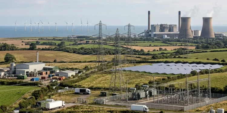 AI-generated illustration of UK energy infrastructure with offshore wind, solar power, electricity pylons and conventional generation.