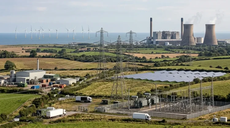 AI-generated illustration of UK energy infrastructure with offshore wind, solar power, electricity pylons and conventional generation.