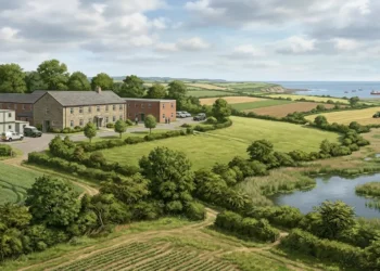 AI-generated illustration of British farmland, wetlands, woodland and coastal fisheries representing Defra policy.