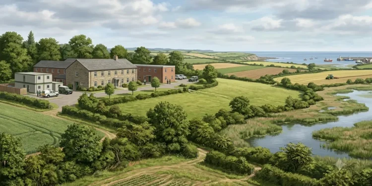 AI-generated illustration of British farmland, wetlands, woodland and coastal fisheries representing Defra policy.