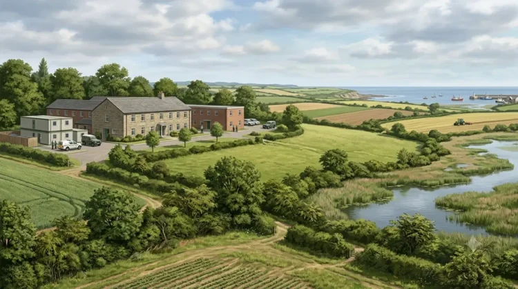 AI-generated illustration of British farmland, wetlands, woodland and coastal fisheries representing Defra policy.