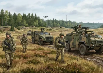 Editorial illustration of British soldiers and mobile anti-armour vehicles deploying in a Baltic forest landscape under the UK-Estonia defence roadmap.