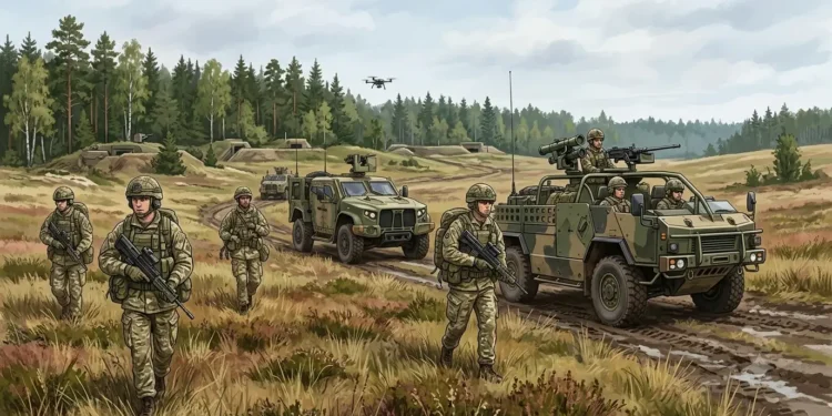 Editorial illustration of British soldiers and mobile anti-armour vehicles deploying in a Baltic forest landscape under the UK-Estonia defence roadmap.