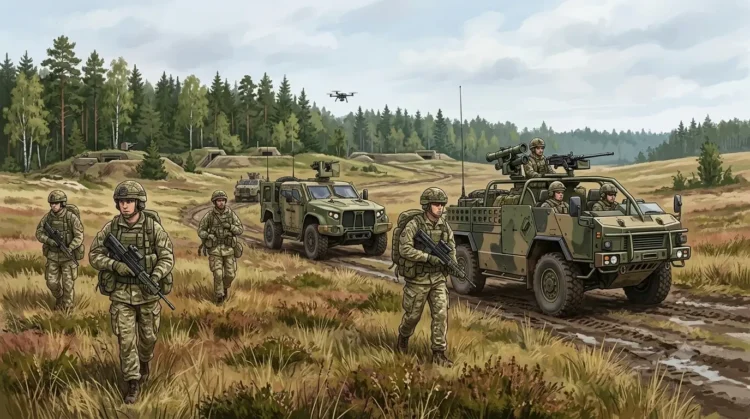 Editorial illustration of British soldiers and mobile anti-armour vehicles deploying in a Baltic forest landscape under the UK-Estonia defence roadmap.