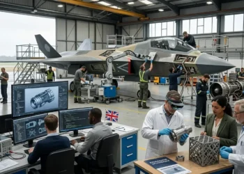 AI-generated photograph-style image of British engineers developing a next-generation combat aircraft using digital systems, advanced manufacturing and propulsion technology.