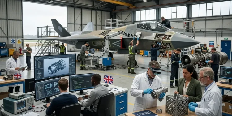 AI-generated photograph-style image of British engineers developing a next-generation combat aircraft using digital systems, advanced manufacturing and propulsion technology.