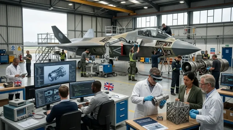 AI-generated photograph-style image of British engineers developing a next-generation combat aircraft using digital systems, advanced manufacturing and propulsion technology.