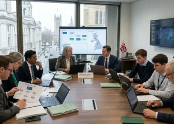 AI-generated photograph-style image of UK officials and technology specialists coordinating artificial intelligence strategy in a Whitehall meeting.