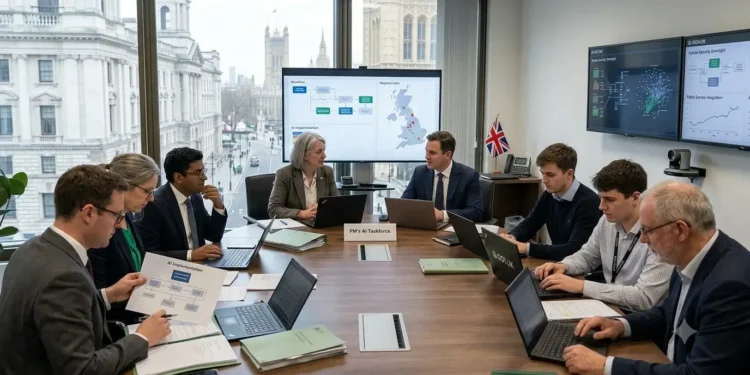 AI-generated photograph-style image of UK officials and technology specialists coordinating artificial intelligence strategy in a Whitehall meeting.