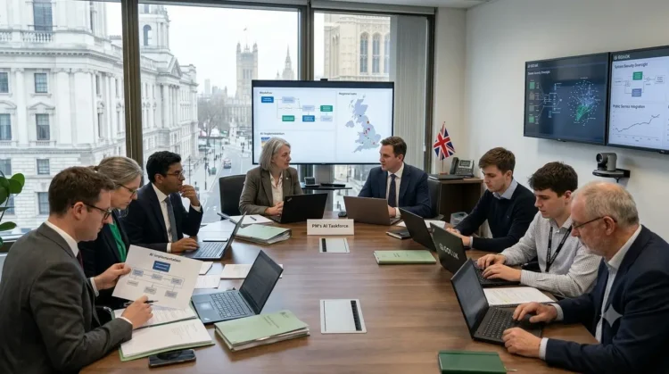 AI-generated photograph-style image of UK officials and technology specialists coordinating artificial intelligence strategy in a Whitehall meeting.