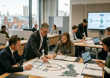 AI-generated photograph-style image of UK civil servants coordinating departmental restructuring, regional growth and digital public-service reform.