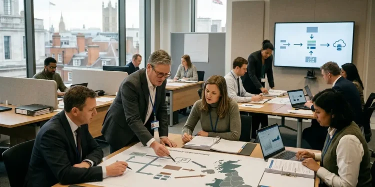 AI-generated photograph-style image of UK civil servants coordinating departmental restructuring, regional growth and digital public-service reform.