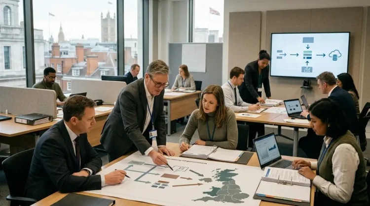 AI-generated photograph-style image of UK civil servants coordinating departmental restructuring, regional growth and digital public-service reform.