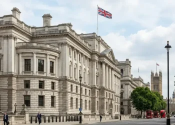 AI-generated illustration of UK government buildings in Whitehall, London, with Westminster visible in the distance.