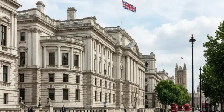 AI-generated illustration of UK government buildings in Whitehall, London, with Westminster visible in the distance.